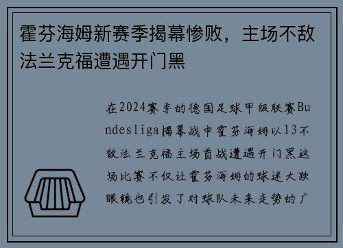 霍芬海姆新赛季揭幕惨败，主场不敌法兰克福遭遇开门黑