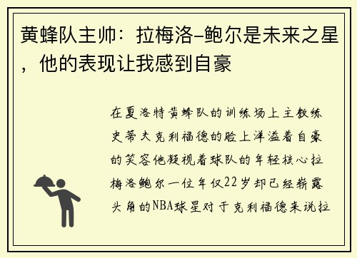 黄蜂队主帅：拉梅洛-鲍尔是未来之星，他的表现让我感到自豪
